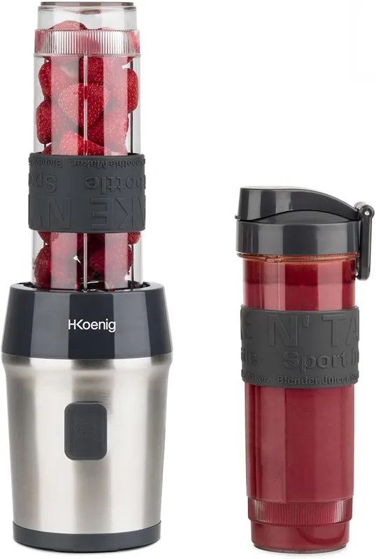H.Koenig SMOO9 mini blender avec bouteille de fraises et bouteille portable de smoothie
